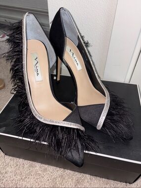 Nina New York Black Satin Rhinestone Feather High Heels